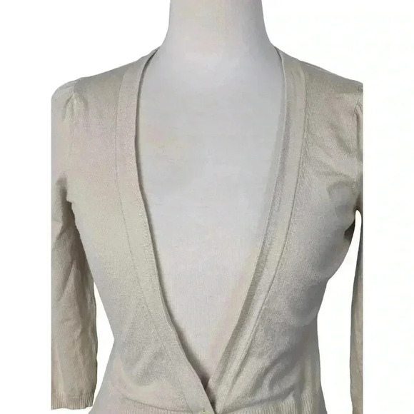Loft Womens Cream Knit Deep V-neck Cardigan 3/4 Sleeve Size XS - Picture 2 of 9